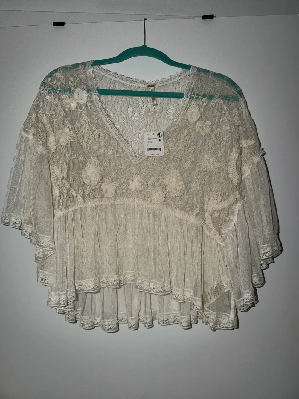 NWT Free People Lace Flutter Sleeve Top in Cream